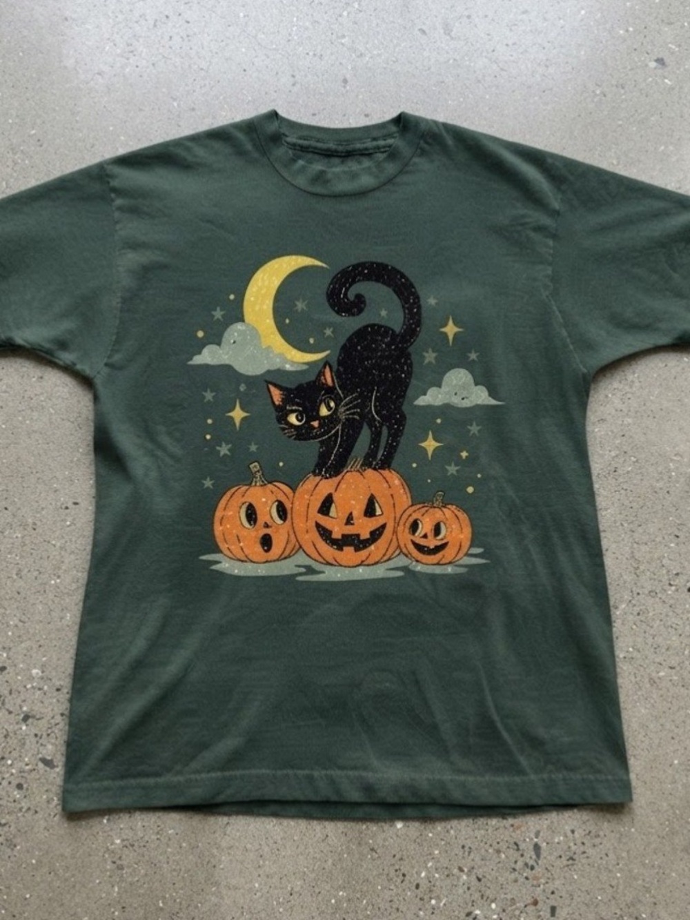 Black Cat Pumpkin Halloween Forest Green Cotton Gildan T-Shirt